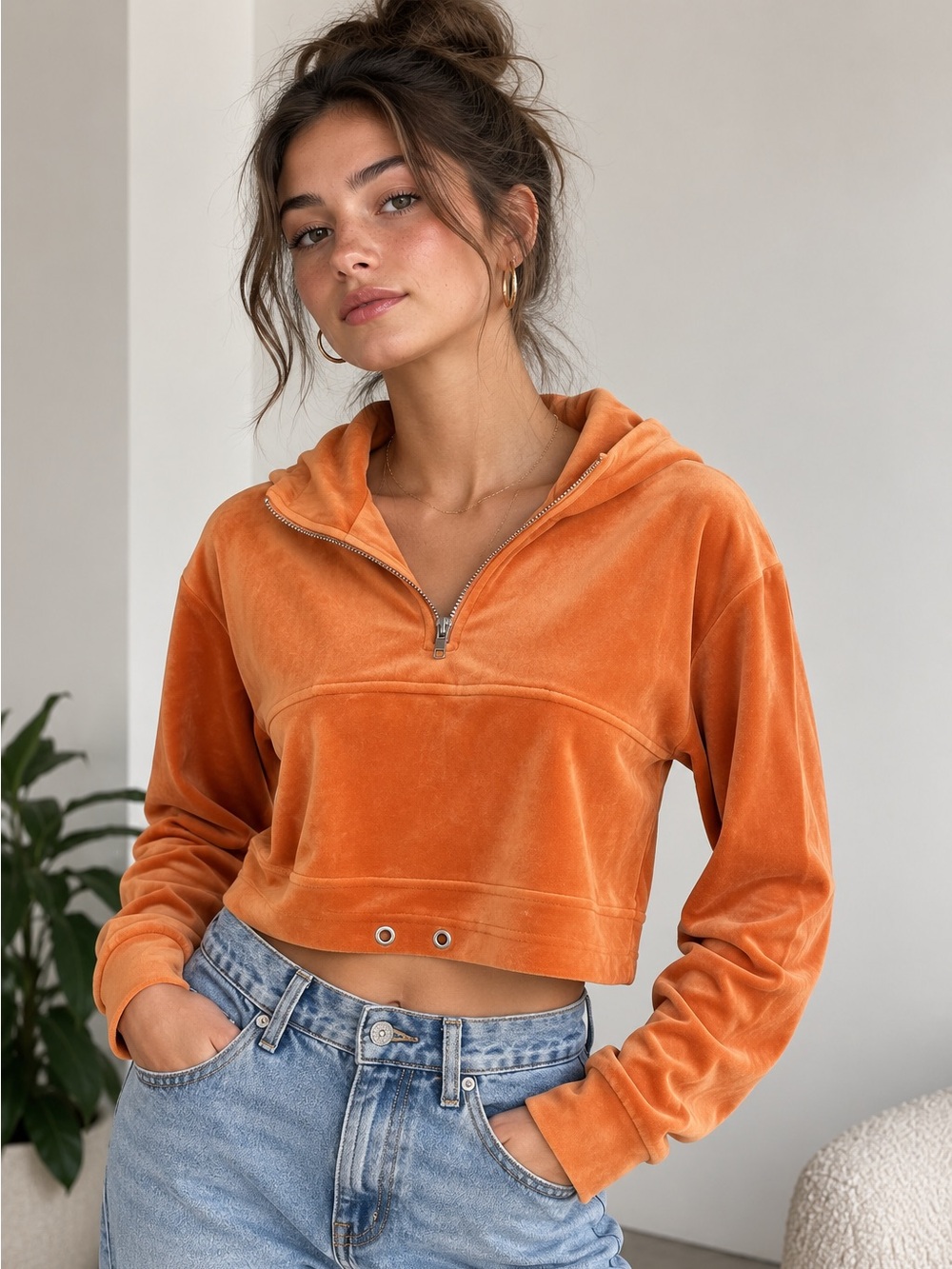 Danielle Guizio PT2 Tangerine Velour Cropped Half Zip Hoodie Sz Small